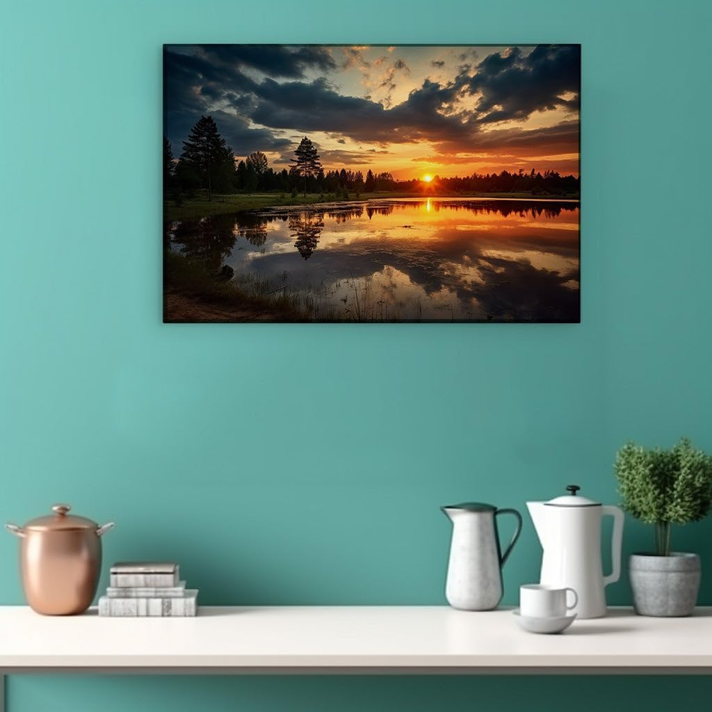 Canvas for Living room. Sunset Serenity: A Peaceful Encounter with a Golden-Hued Lakeside Forest, 27 x 18 inch Canvas Wall Art - Expansive Panoramas - Modern Home Decor
