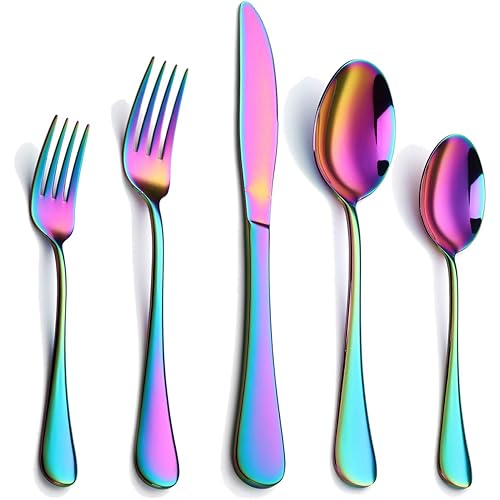 Colorful Silverware Set, 20-Piece Stainless Steel Rainbow Flatware Set, Iridescent Cutlery Utensils Set Service for 4, Mirror Polished, Dishwasher Safe(Muticolorful)