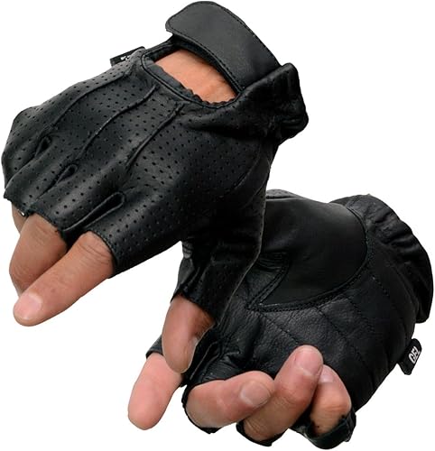 Milwaukee Leather SH357 - Guantes de mano para motocicleta sin dedos acolchados de gel de cuero negro con 'piel perforada soldada'
