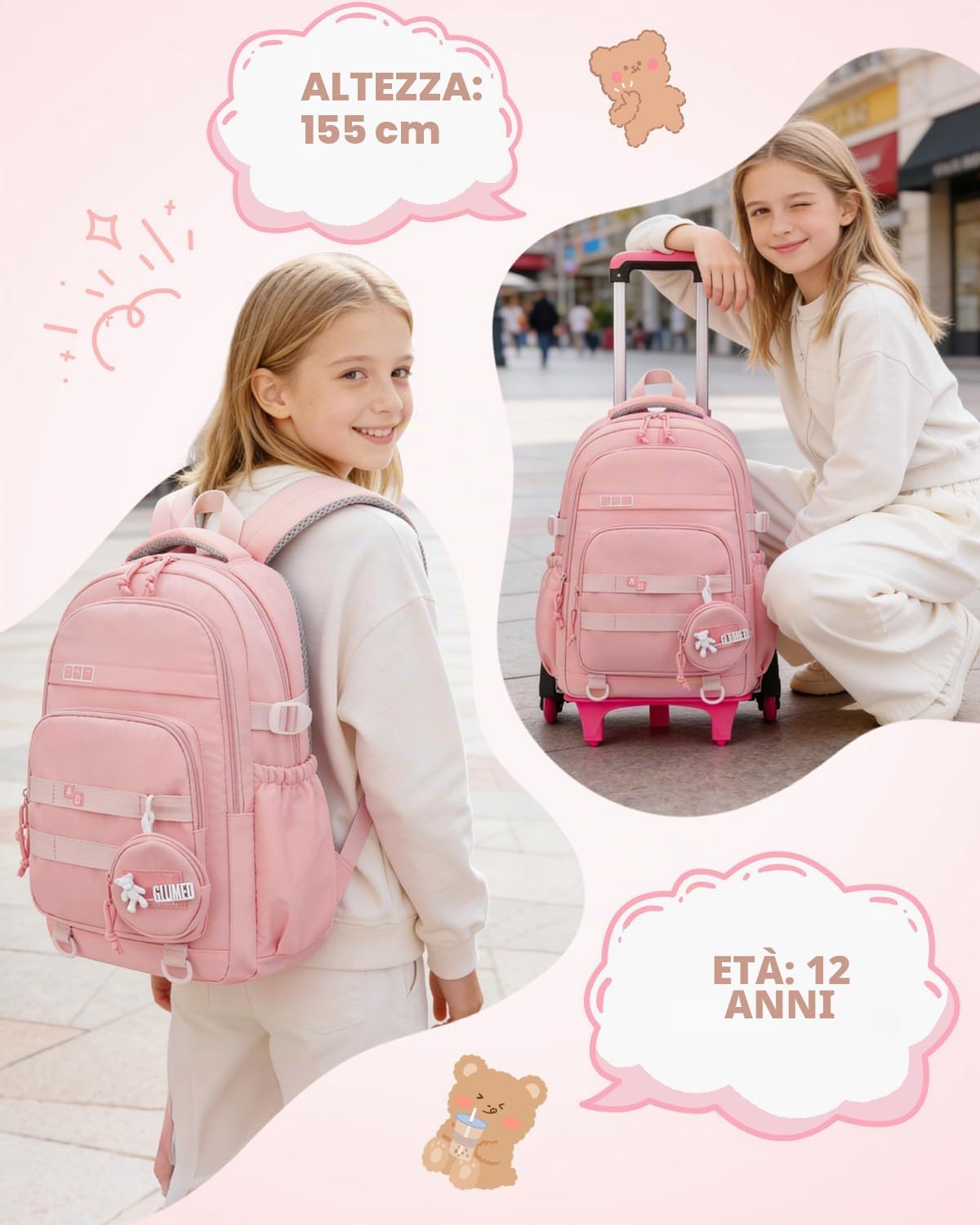Amythe Zaino Trolley per Ragazza 9-16 Anni, Zaino Bambina Scuola Elementare con Carrello Rimovibile 6 Ruote, 21L Zaini Elementari con Rotelle per Bambine, Rosa