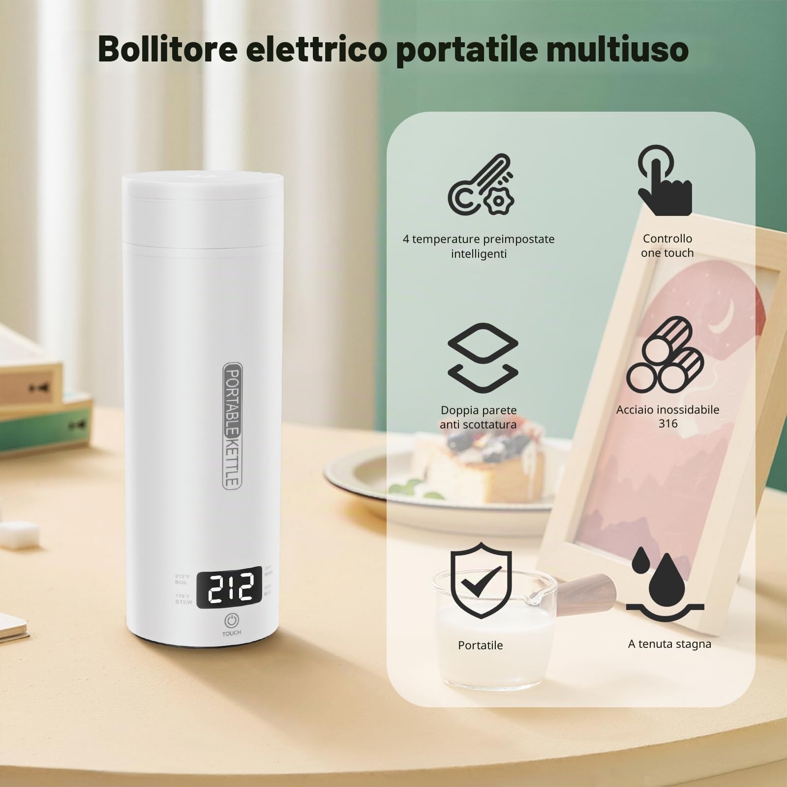 Bollitore elettrico portatile da viaggio, 450 ml, bollitore da viaggio per tè e caffè, spegnimento automatico e protezione a secco con acciaio inossidabile 316, 4 regolatori di temperatura (Bianco)