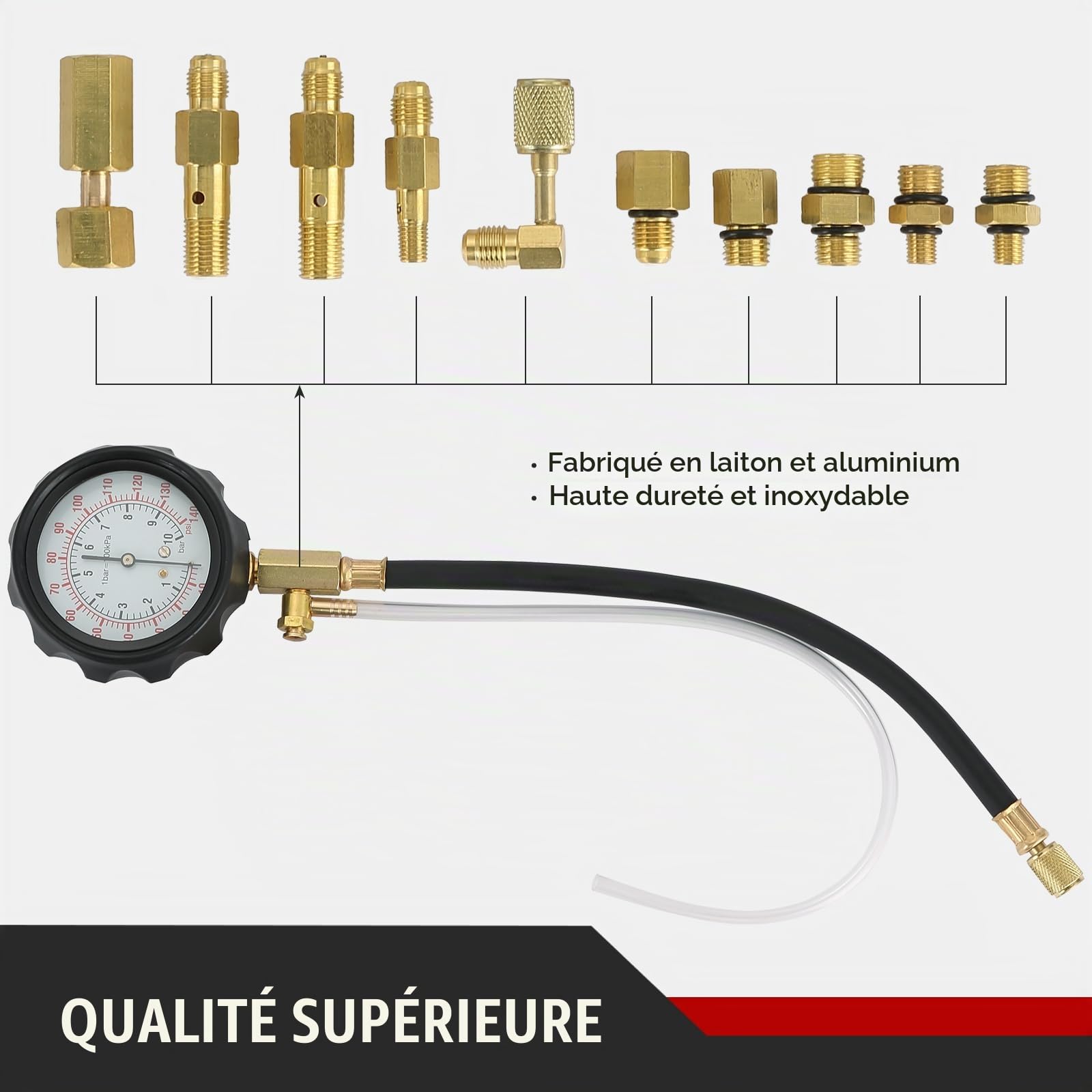 ATPEAM Testeur de Pression Carburant 0-140 PSI, Compressiometre Essence, Kit de Jauge Pression Injection pour Voiture et Moto
