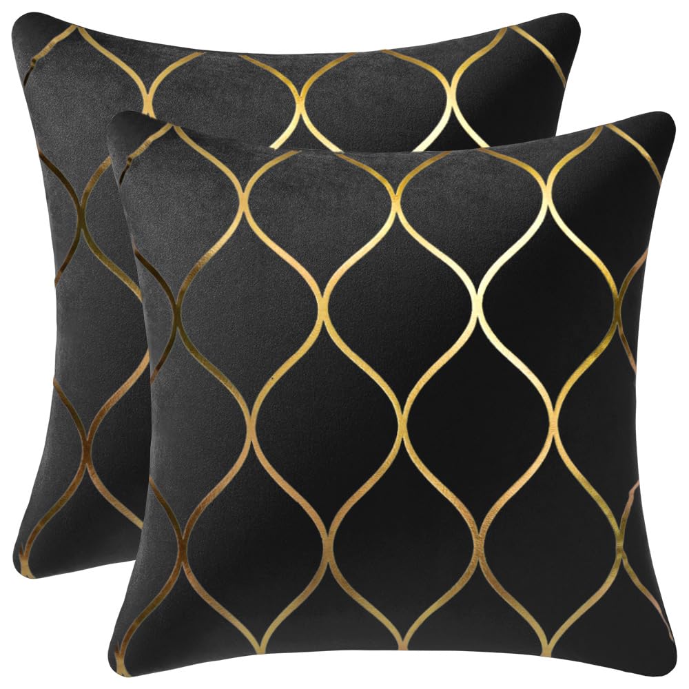 DEZENE 24x24 Inch Gold Velvet Throw Pillow Covers: 2 Pack Square Decorative Pillow Cases for Bedroom Sofa Couch Living Room, Black