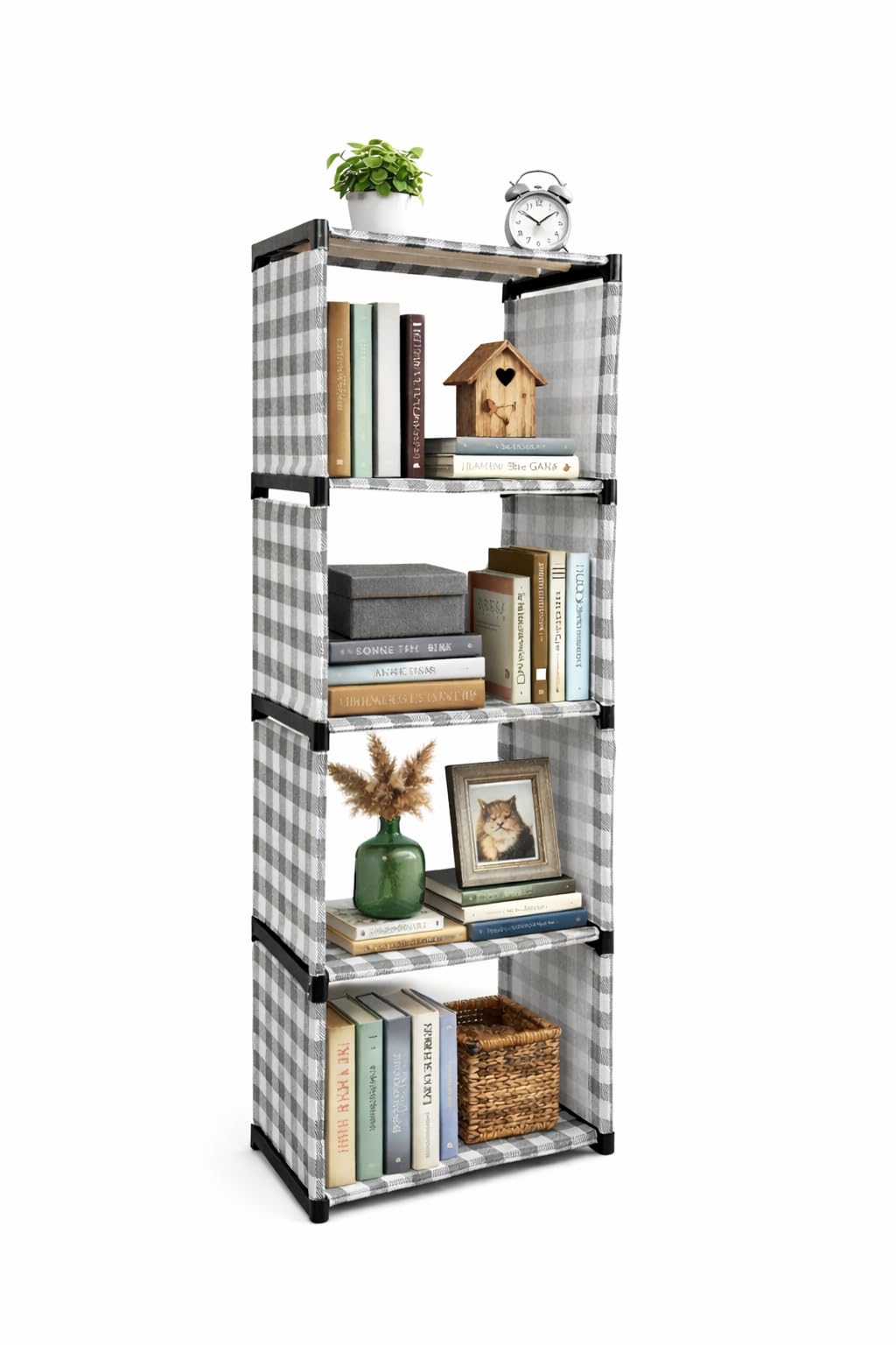 LOTSPEK 5-Tier Book Rack Bookshelf, Multi-Level Storage Organizer for Books, Magazines, Office Supplies, Space-Saving Design, Grey Check Pattern with Heavy Fabric Cover-image-27