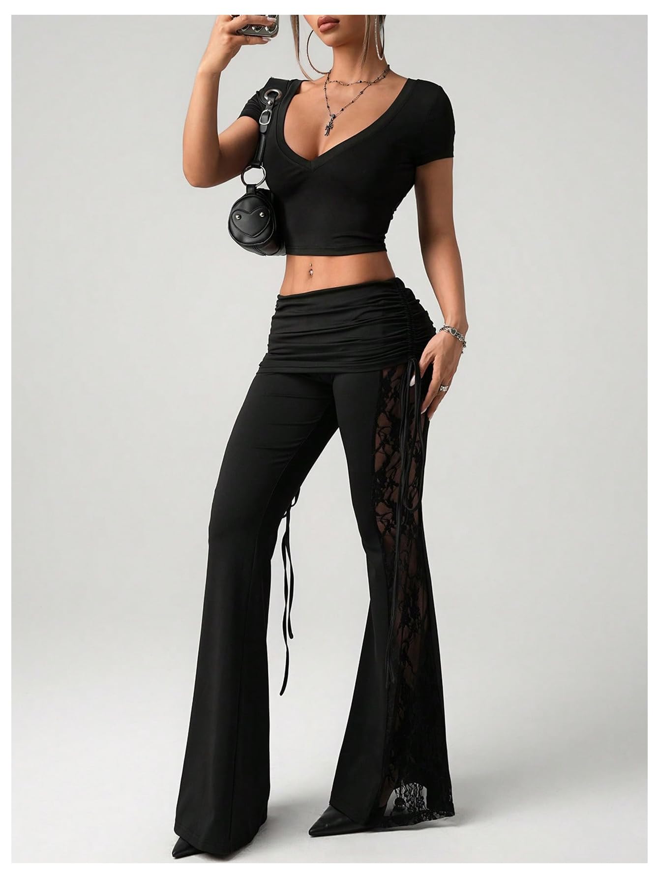 Verdusa Women's Lace Pants Fold Over Flare Leggings Bell Bottoms Rave Outfits Going Out