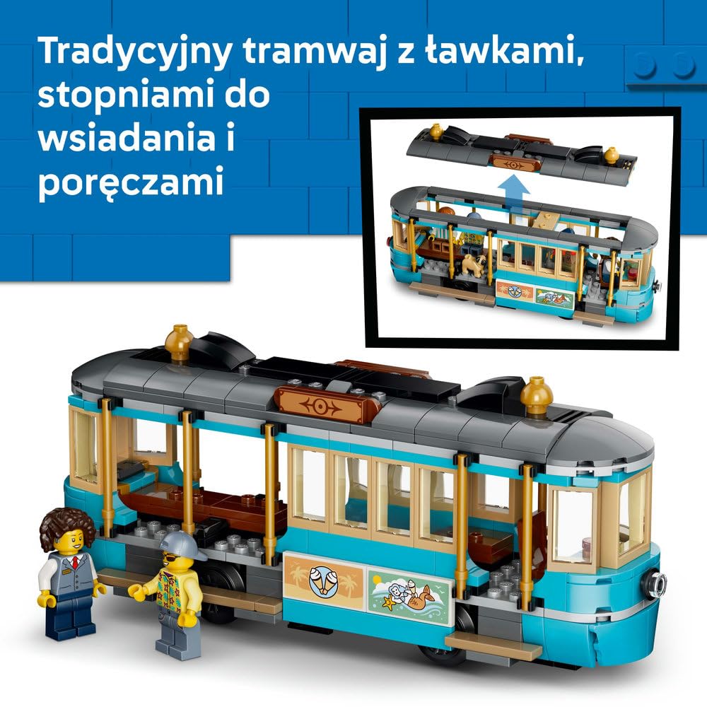 LEGO City Tramwaj przy plaży, zabawka konstrukcyjna, pociąg dla dzieci, 5 minifigurek i figurki zwierząt, prezent dla chłopca lub dziewczynki w wieku od 7 lat 60506