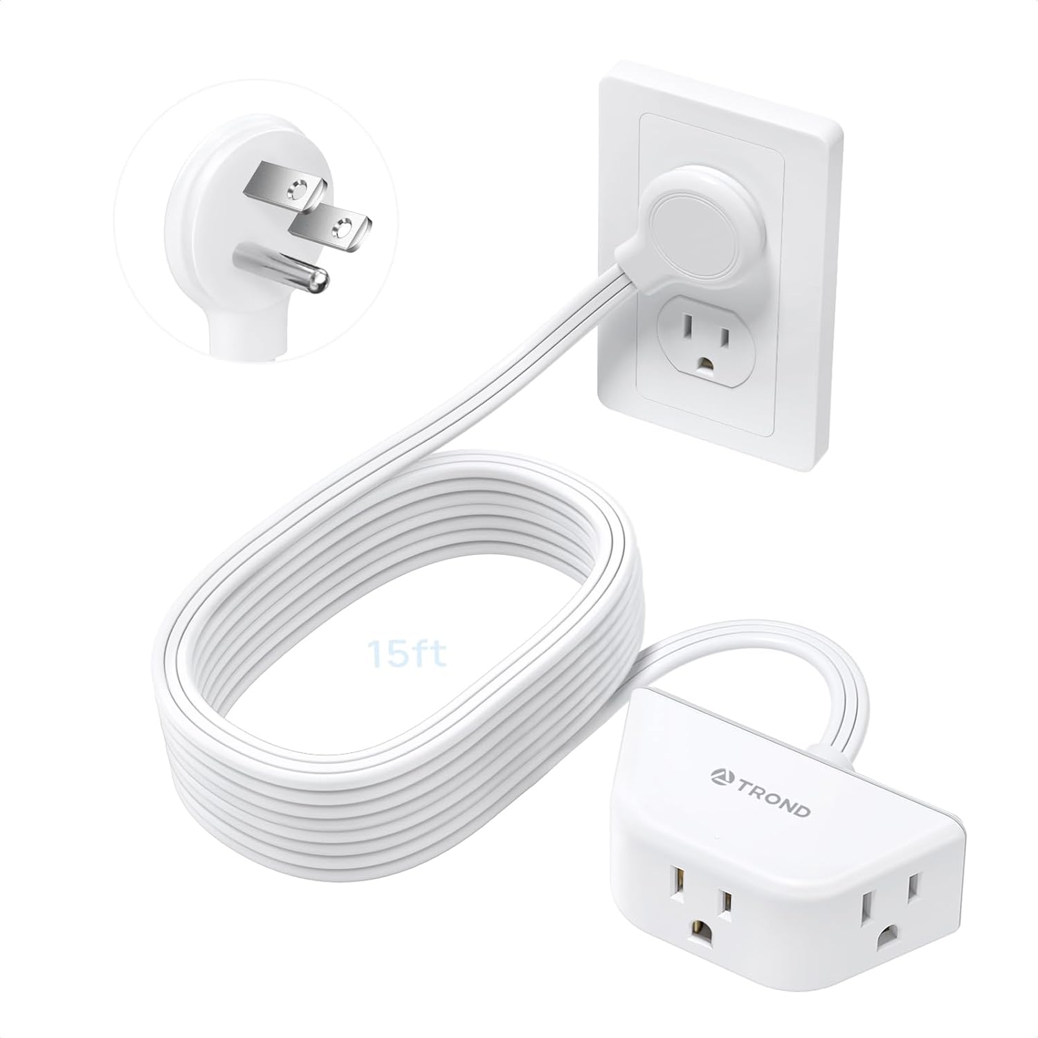TROND Rightward Short Extension Cord 3ft - Small Flat Plug Power Strip 3 Prong, Three Side Grounded Outlets, 13 Amps, 16 Gauge Wire for Indoor Home Office Kitchen Cruise Ship Travel Essentials, White