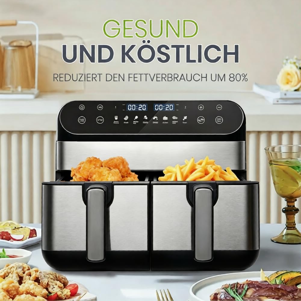 Heißluftfritteuse 10L XXL mit 2 unabhängigen Kammern & LED-Touchscreen