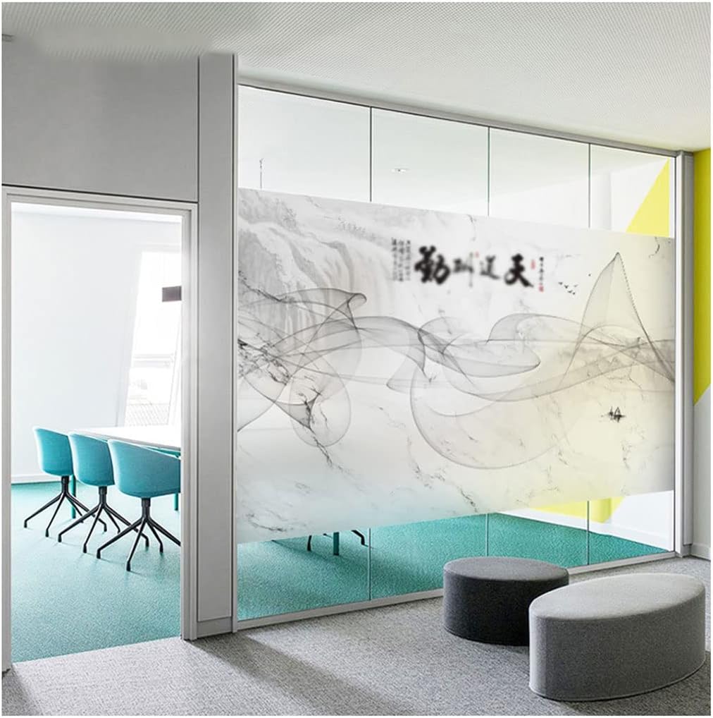 Window Clings Chinese Landscape Window Frosted Translucent Glass Sticker Film Suitable for Office Push Door Bathroom Toilet Sticker Privacy Window Film(C,90 * 180 cm)