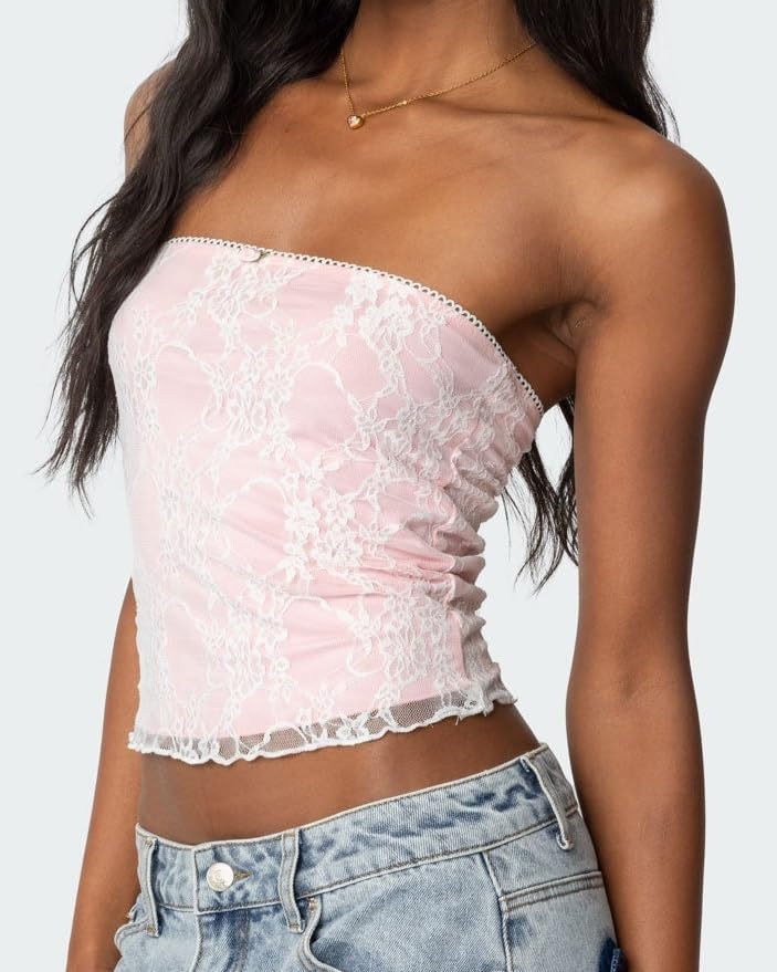 NUFIWI Women Floral Lace Tube Top Sexy Strapless Backless Sheer Bandeau Tops Y2k Frilled Going Out Tank Tops - Image 4