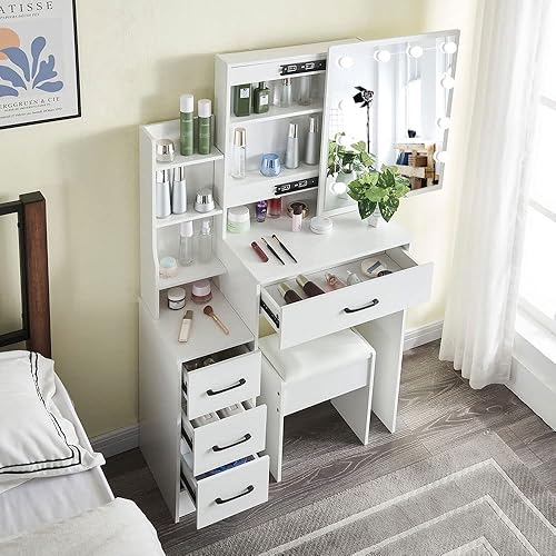 JBLCC Escritorio de tocador con espejo y luz, tocador de maquillaje con espejo deslizante, cajones mesa de maquillaje con espejo, 3 colores de