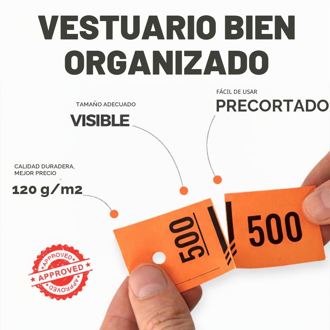 500 ticket Guardarropa vestuario numerado desmontable – 12 x 4 cm papel grueso 120 g/m² – Entradas de vestidor de noche, bar, concierto, festival, asociación, recepción, Made in Italy, naranja