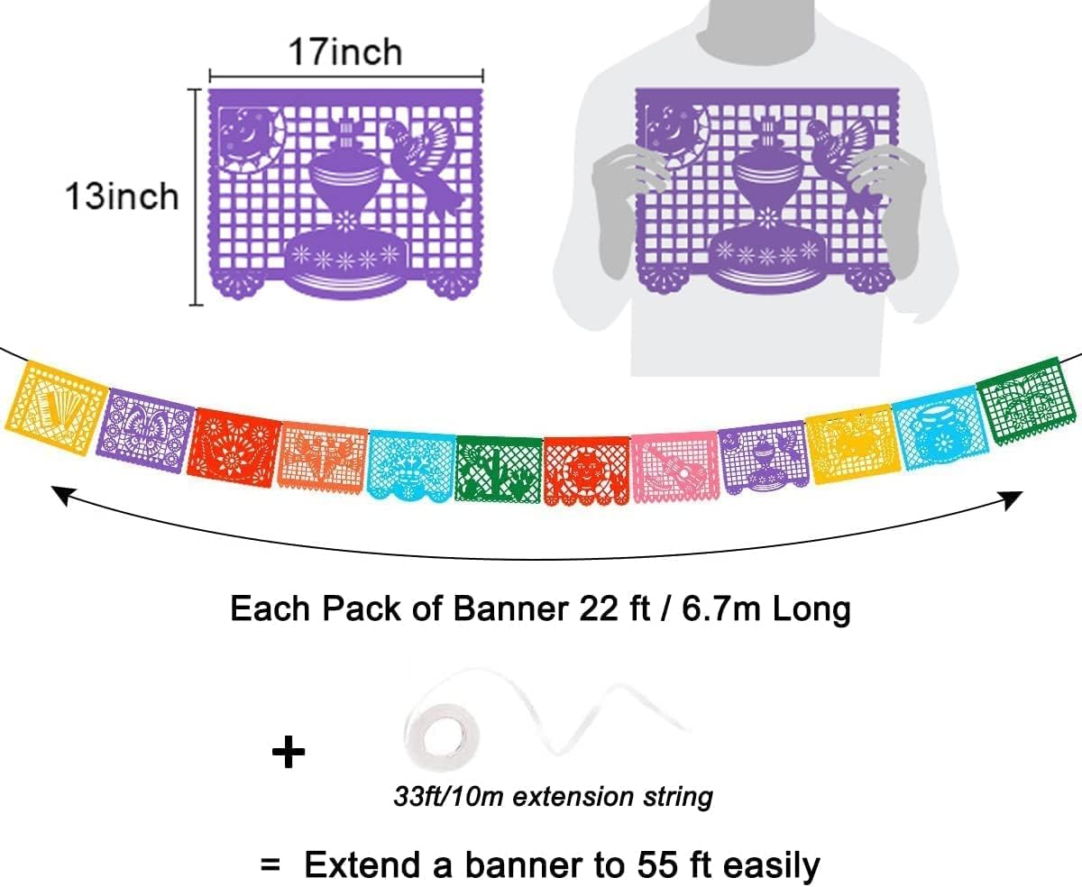 3 Pack Mexican Papel Picado Banner 66Ft(22ft x 3) & Extra Large 21" Donkey Pinata Set with Stick Blindfold, Waterproof Fiesta Decor for Cinco de Mayo Día de Muertos Birthday Party