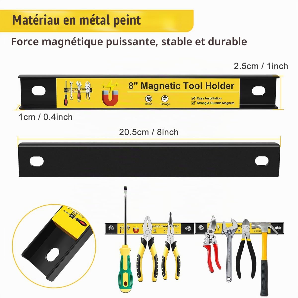Lot de 4 porte-outils magnétiques de 20,3 cm - Bandes magnétiques robustes - Barre d'outils magnétique - Pour garage, mur, établi, tournevis, clé