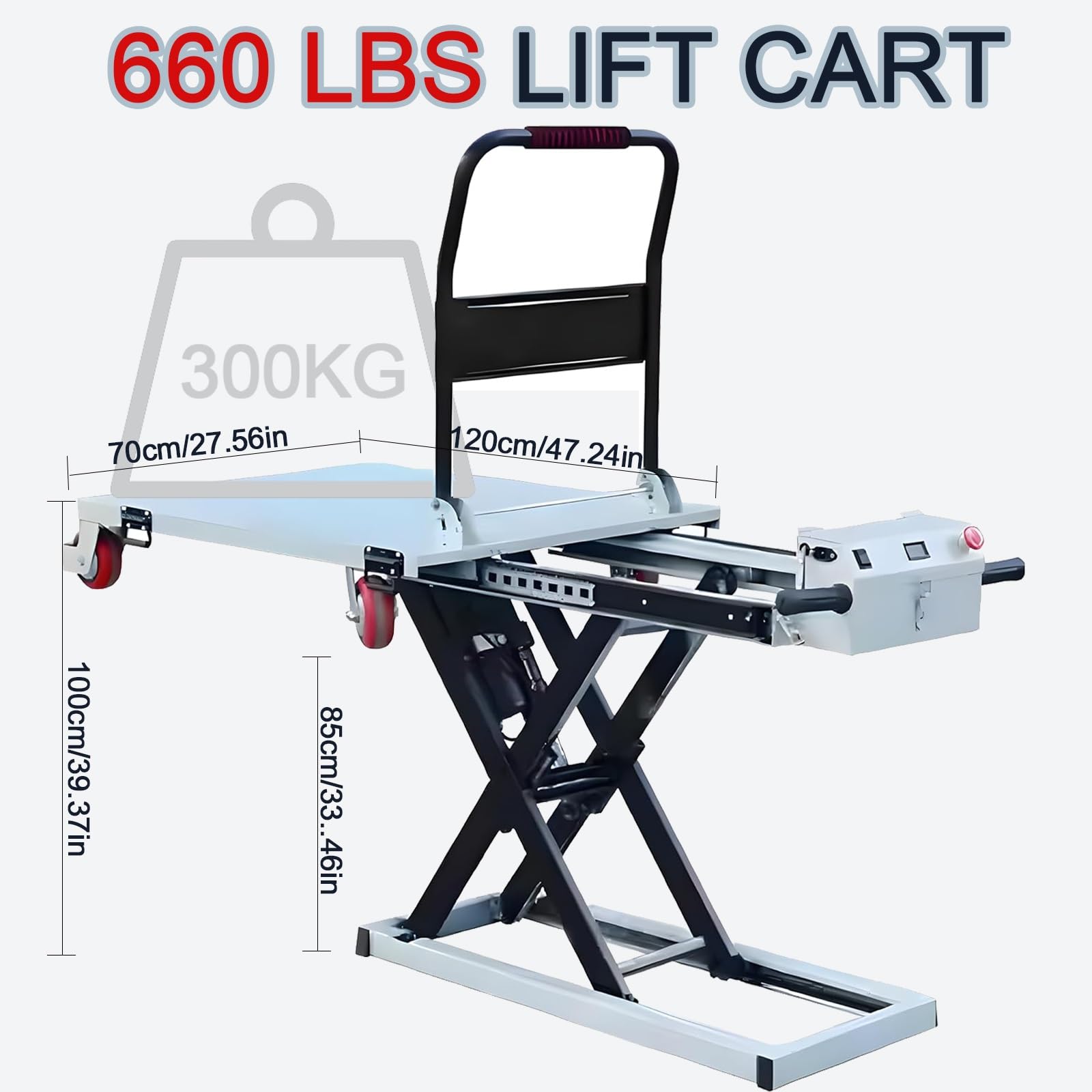 Carrello elevatore elettrico idraulico a forbice, capacità 300 kg, 4 ruote, ideale per movimentazione e trasporto di materiali, attrezzature di sollevamento pesanti e portatili