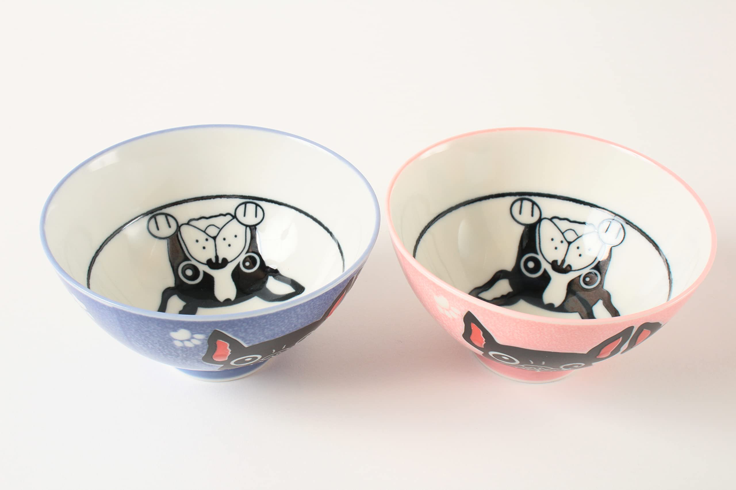 Mino ware MIG007 - Cuenco de arroz de cerámica japonesa, diseño de bulldog francés, color azul y rosa, fabricado en Japón (importado de Japón)