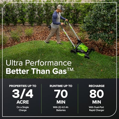 Image of Greenworks 60V 25 inch (Self-Propelled) Lawn Mower + 16 inch String Trimmer + Leaf Blower, (2) 4.0Ah, (2) 2.5Ah Batteries, Dual Port Rapid Charger, (2) Rapid Chargers