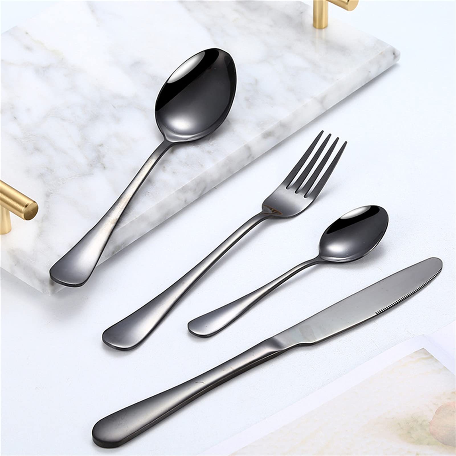 Juego de cubiertos de acero inoxidable de 24 piezas para cubiertos con espejo pulido, multiusos para el hogar y la cocina con caja de regalo, servicio para 6 (negro)