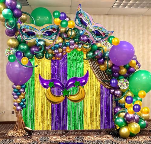 116 Pcs Mardi Gras Decorations - 2Pack Mardi Gras Tinsel Foil Fringe Curtains with Big Aluminum Mask Balloons Green Purple Yellow Mardi Gras Balloons for Mardi Gras Party Carnival Decoration by MAFENT - Used condition - US$9.43