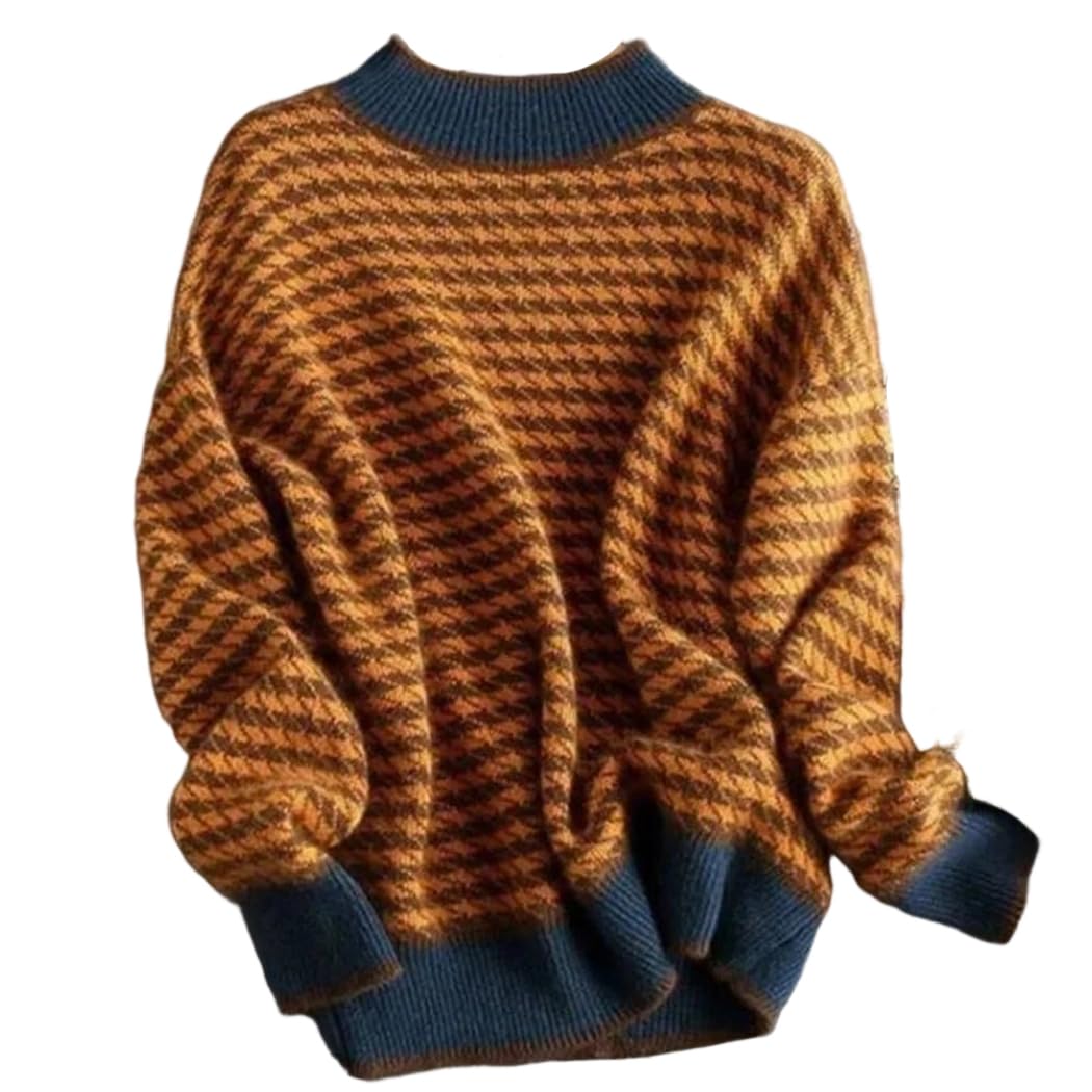 Womens Splicing Half High Collar Loose Versatile Western Style Knitted Sweater Autumn Winter Top