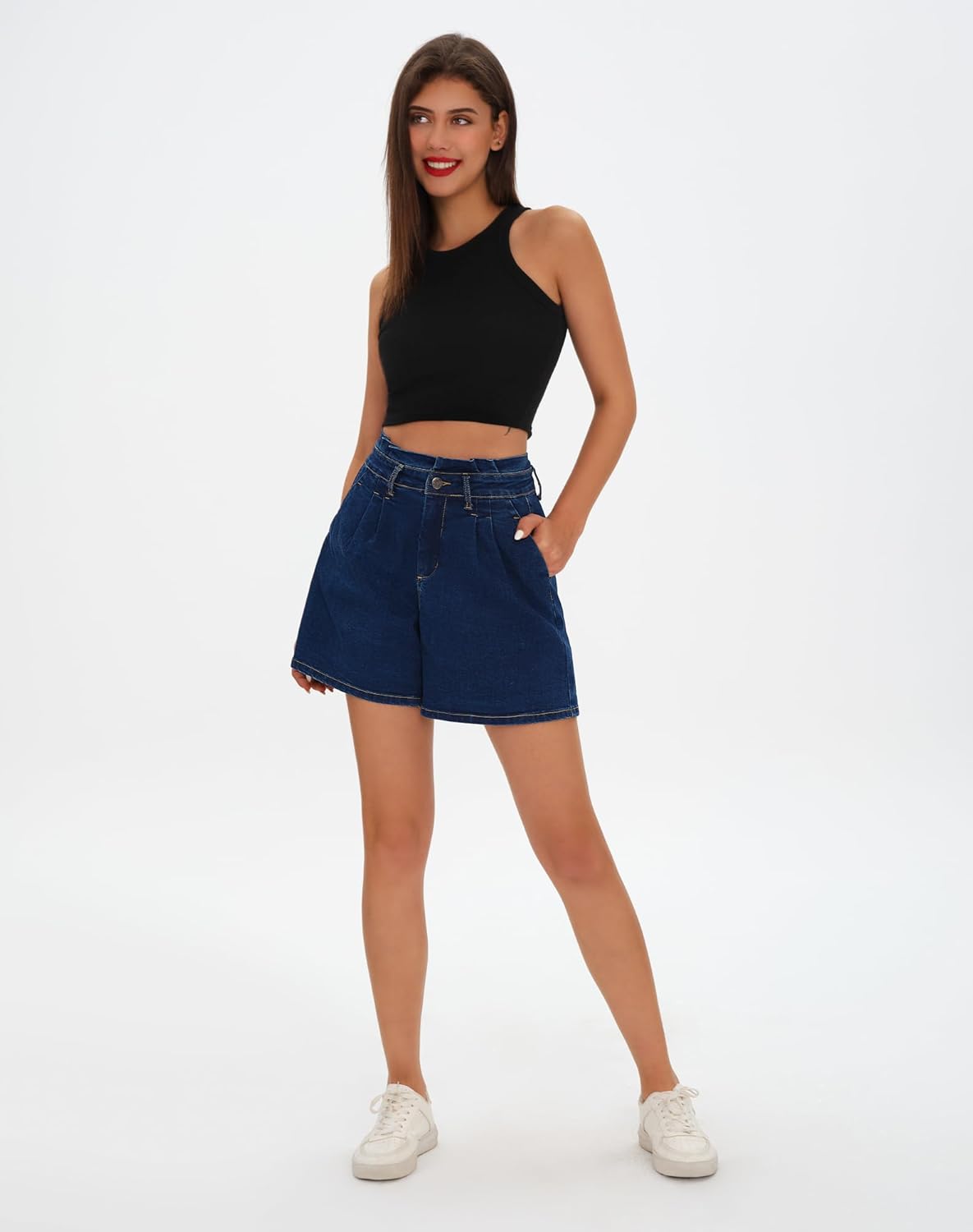roswear Women’s High Waisted Stretchy Wide Leg Denim Baggy Jean Shorts - Image 3