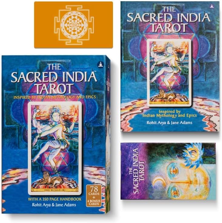 The Sacred India Tarot Card Deck - 78 Premium Tarot + 4 Bonus Cards with 350-Page Guidebook, Readings Based on Indian Mythology - for Beginners & Professionals - Magnetic Lock Box with Bookmark