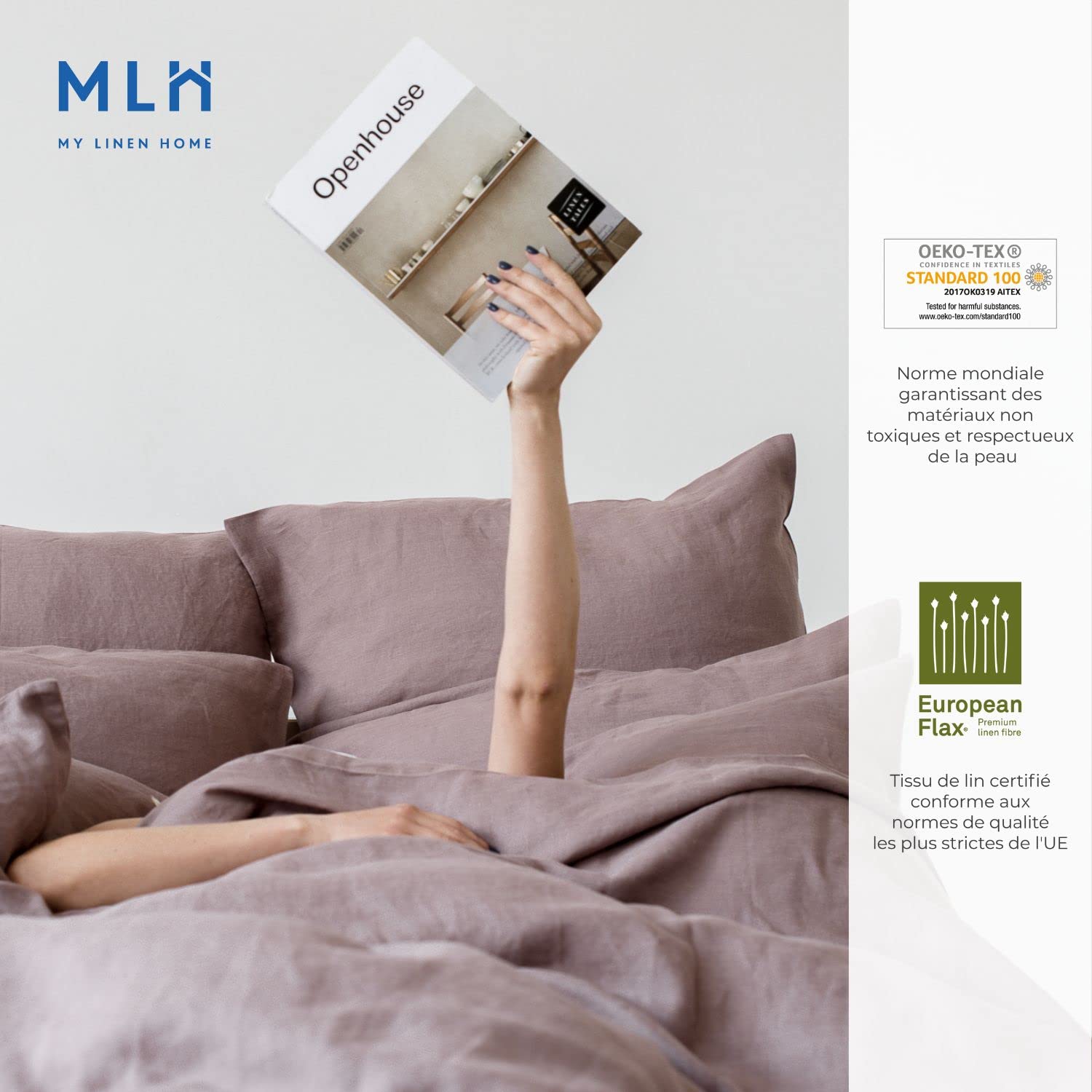 Linen Home Taie Oreiller 65x65 Llot de 2 | Oreiller en Lin 100% Rose Poudré avec Fermetures à Revers | Hypoallergénique, Thermorégulation et Respirant pour Toutes Les Saisons