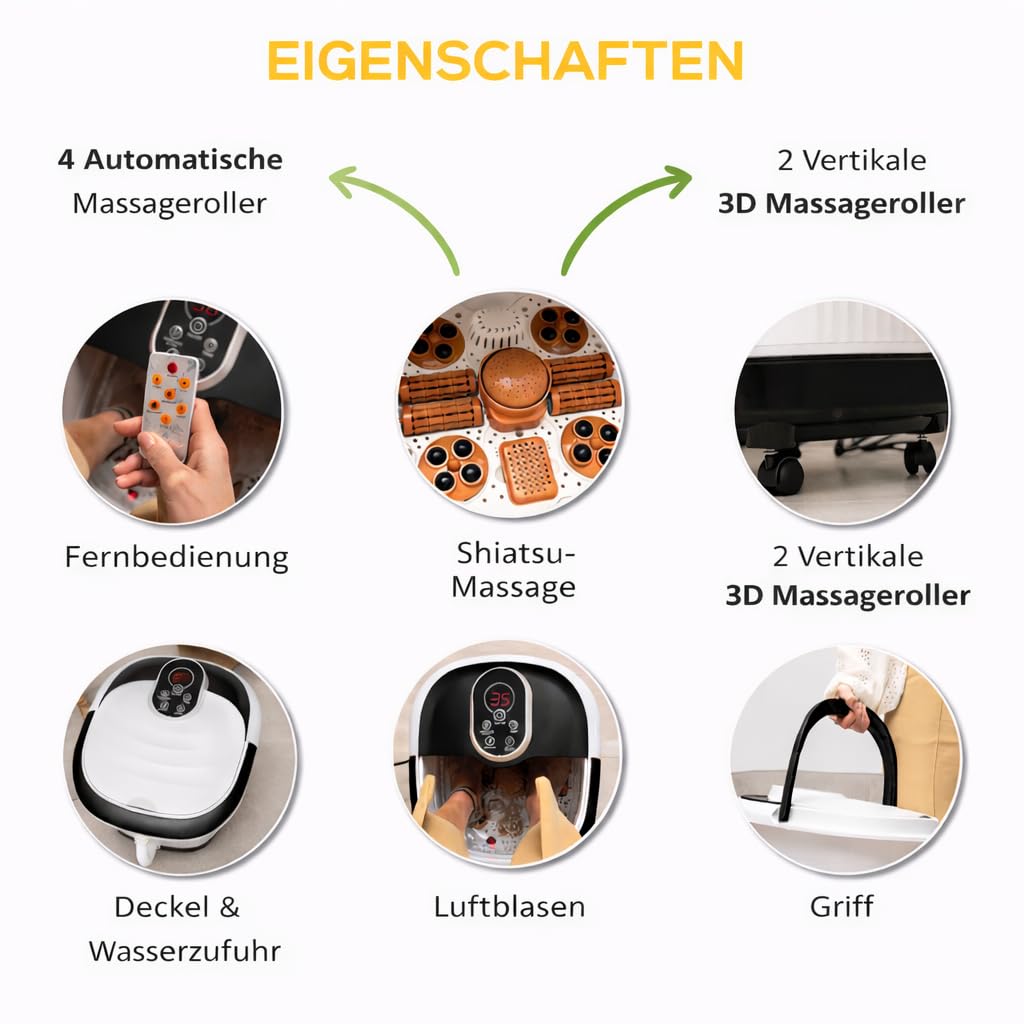 XXL Fußbad 12L – Automatische Radmassage & Infrarot – Fußsprudelbad 48°C mit Shiatsu – Elektrische Fußbadewanne - Entspannung Fußpflegegerät