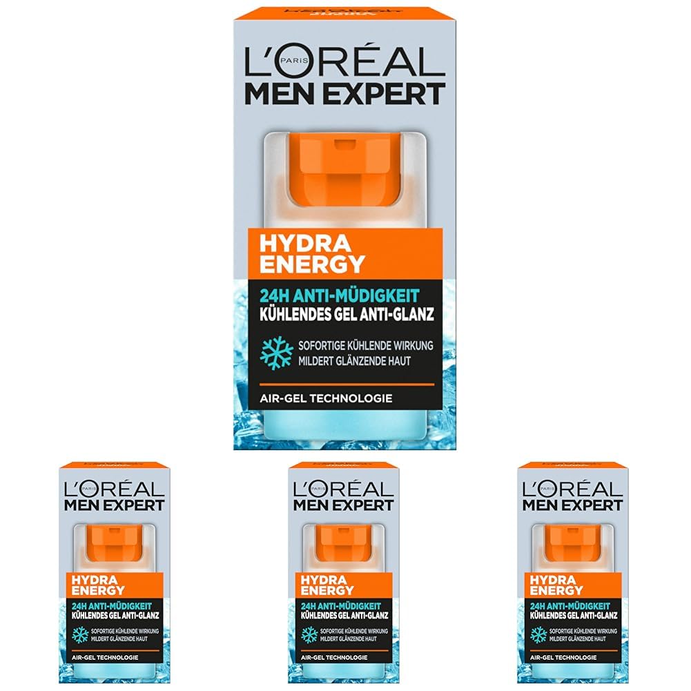 L'Oréal Men Expert kühlende Anti-Glanz Gesichtspflege für Männer, Mattierendes und erfrischendes Gel 24H Anti-Müdigkeit, Gesichtscreme für Herren mit Meeresquellwasser, Hydra Energy, 1 x 50 ml