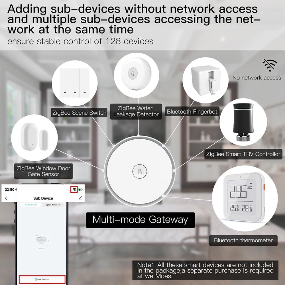 Gateway ZigBee 3.0 + Bluetooth BLE Mesh, mit integriertem Alarm, App TUYA Smart Life, 2 in 1 Hub, intelligentes Zuhause, 5 V 1 A, IP20, 92 x 92 x 40 mm, Fernbedienung App