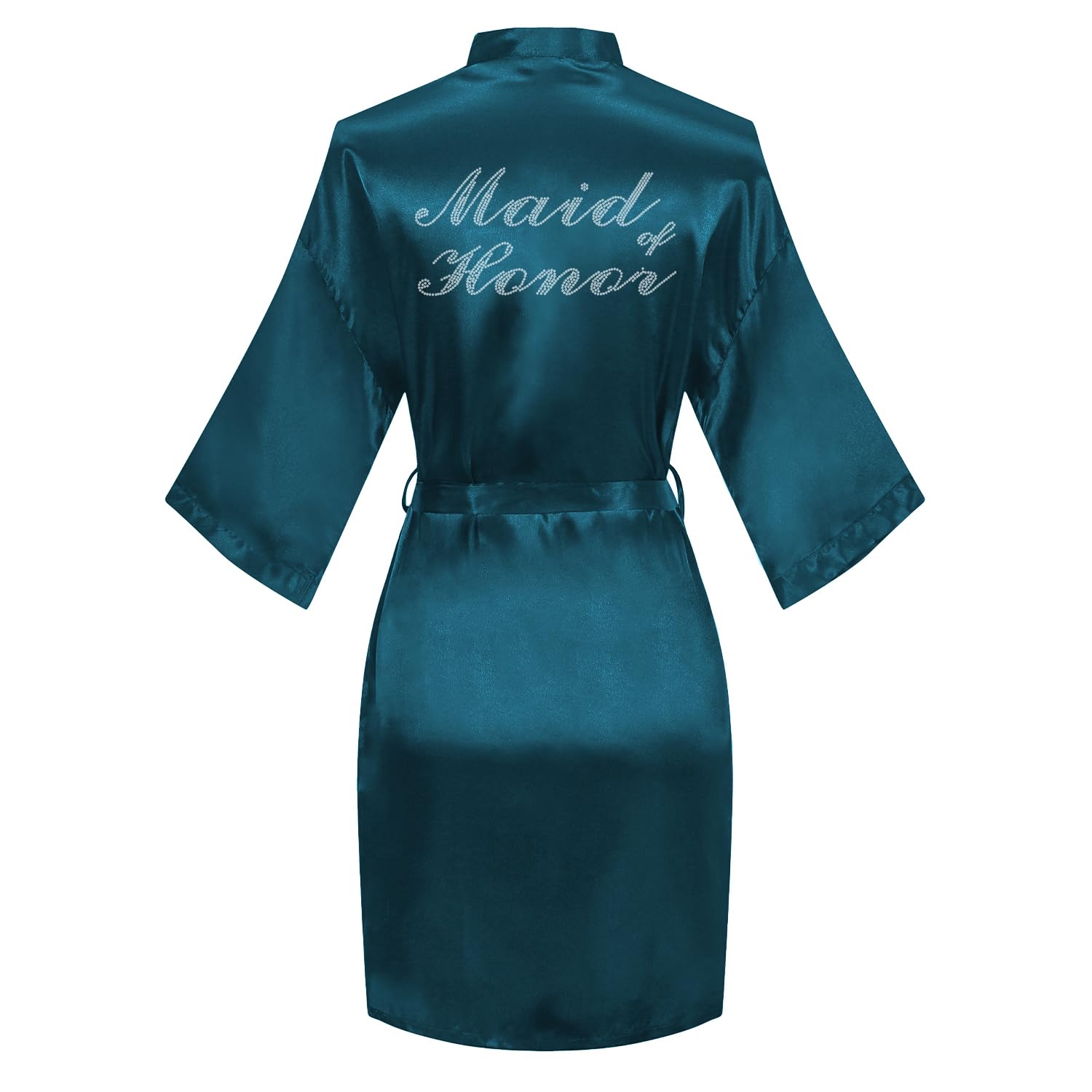 Women's Satin Robe Bride Bridesmaid Short Kimono Robes with Silver Rhinestones for Wedding Party Getting Ready
