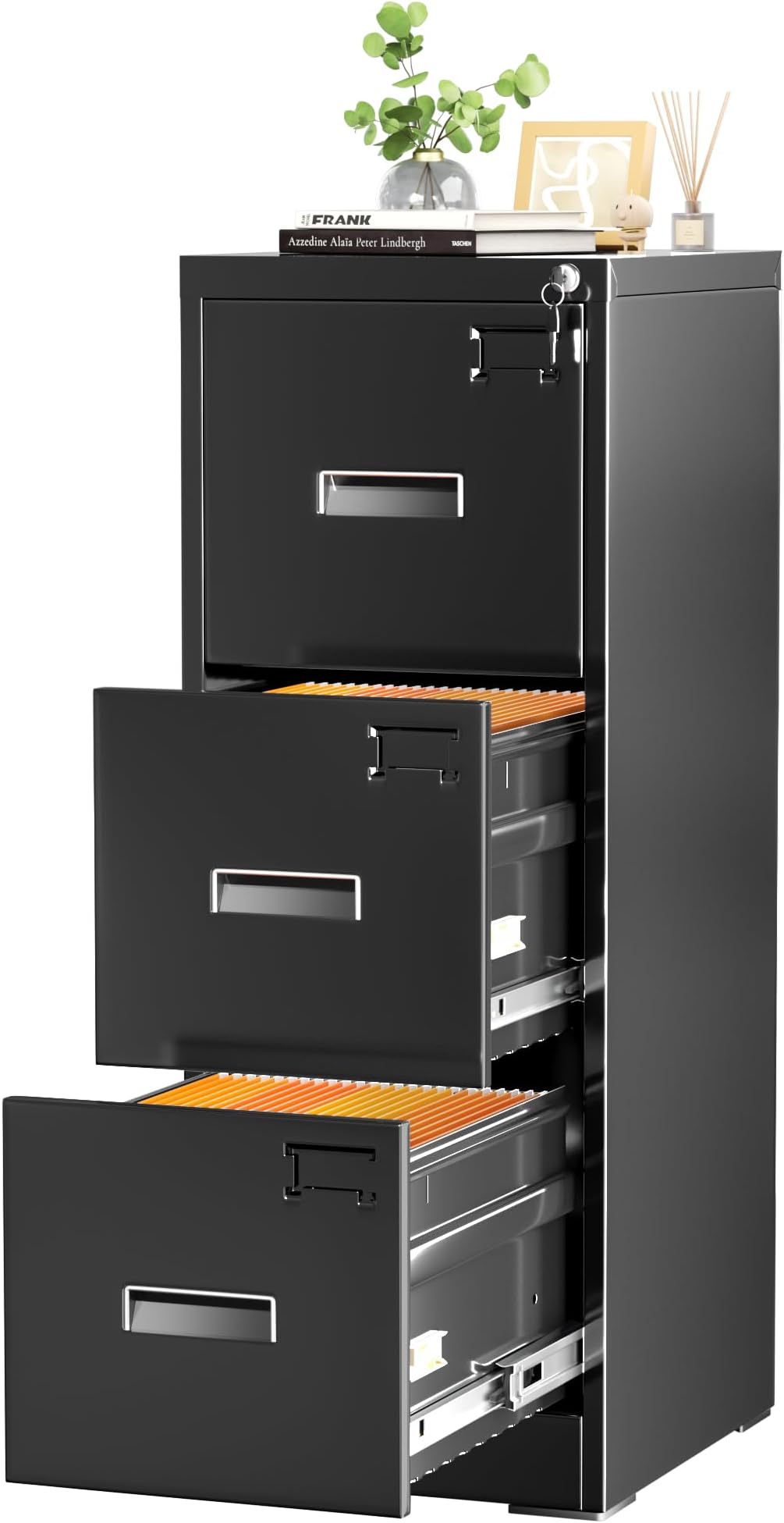 INTERGREAT3 Drawers File Cabinet with Lock, 18" D Vertical Filing Cabinet for Home Office, Metal Black File Cabinet for Hanging Letter/F4/A4/Legal Folders, Easy Assemble