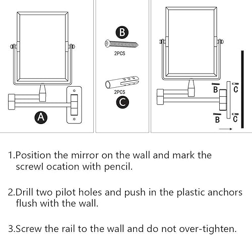 Miniatura 8 de QiMH Espejo de maquillaje de pared con aumento 3X | Rectangular 8 x 6 pulgadas con brazo extensible | Espejo giratorio de doble cara con acabado