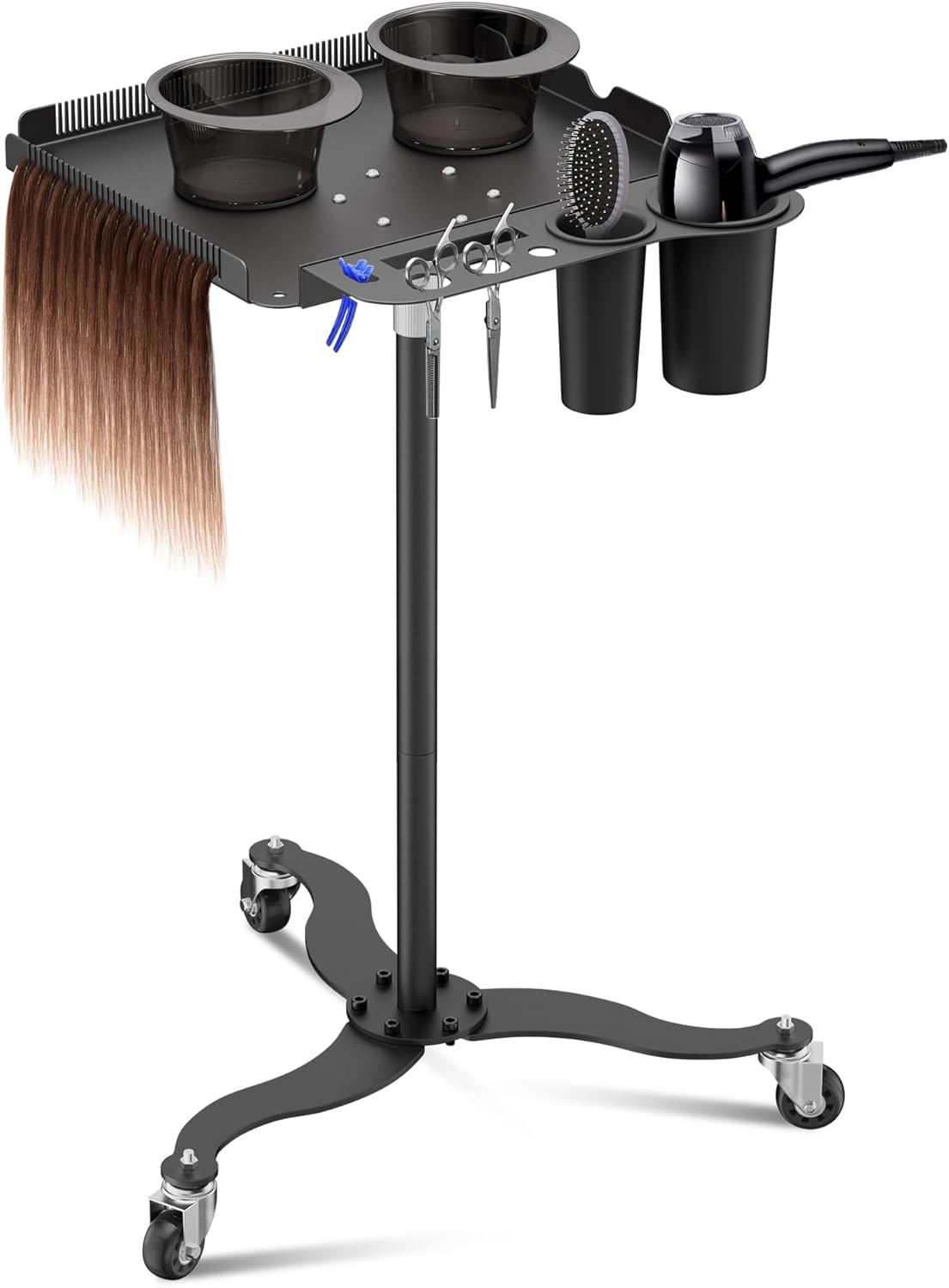 Salon Tray on Wheels,Metal Tray Rolling Cart with 2 Magnetic Bowls,Tattoo Tray, Salon Station with Hairstylist Holder and Hair Separator Stand,Multi-Function Adjustable with Wheels