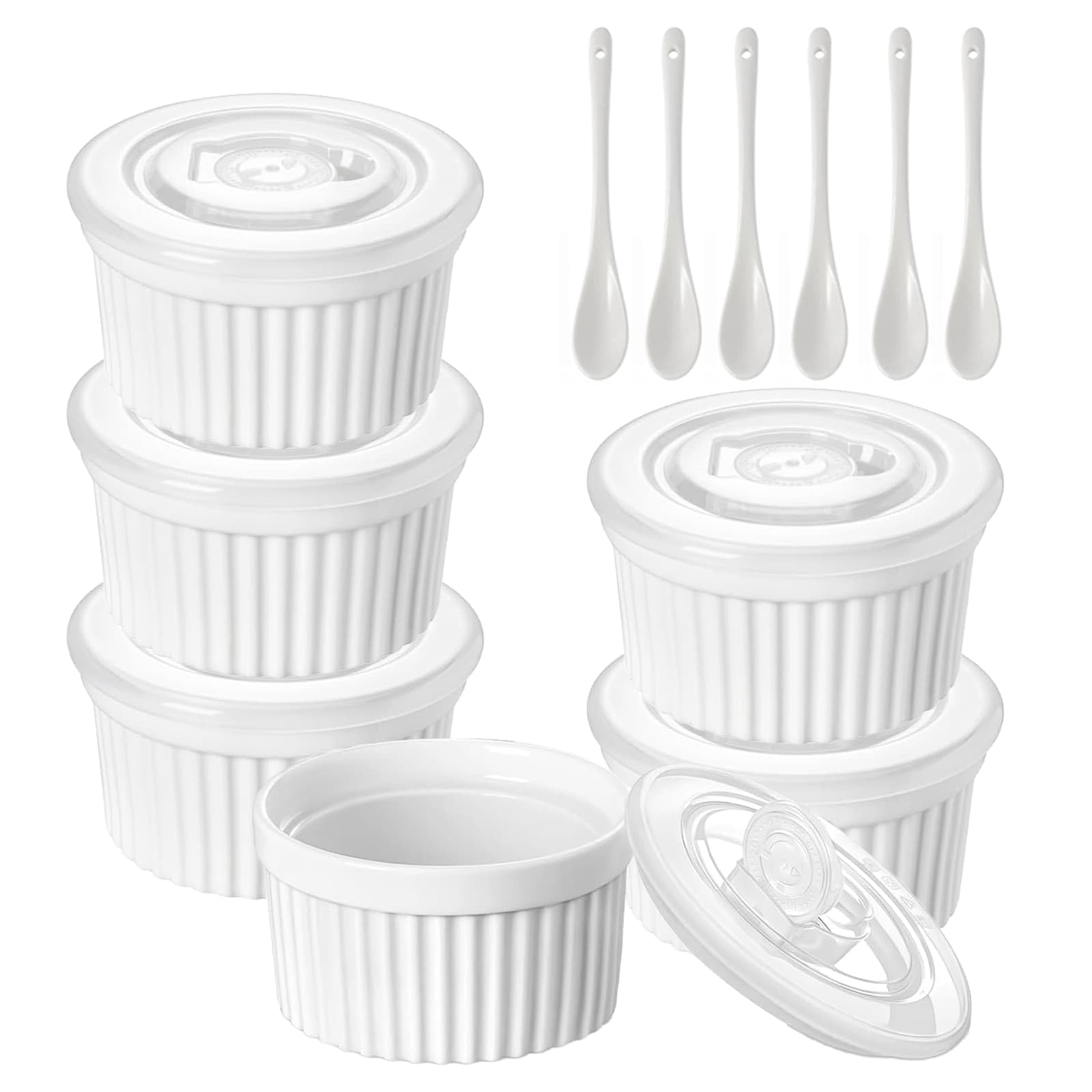 8 oz Porcelain Ramekins Set with Lids and Spoons, 6 Pack Porcelain Creme Brulee Souffle Dishes, Baking Cups for Pudding, Fruits, Dips, Ice Cream, Dishwasher and Oven Safe