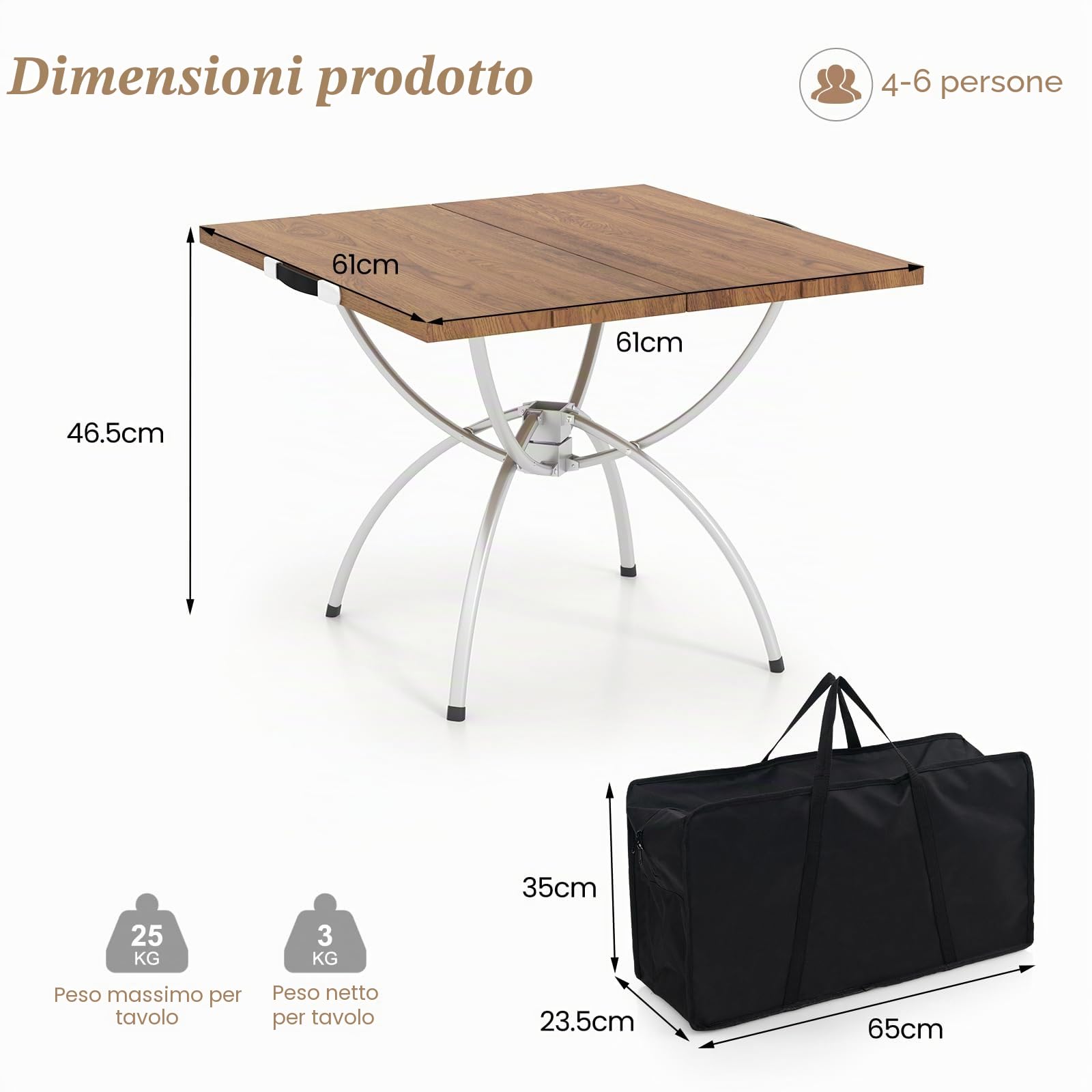 KOMFOTTEU Tavolo da campeggio allungabile 2 in 1, pieghevole, con struttura in alluminio e legno, 120 x 60 cm, con borsa per il trasporto