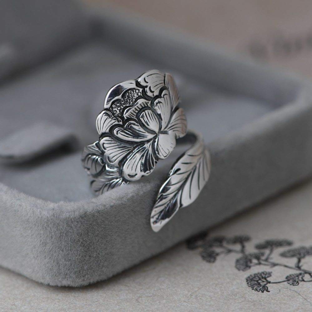 HGJH Anelli d'Argento,Anello Regolabile per Donna retrò Invecchiato Moda Peonia Fiore Incisione Anello per Dito Indice Eternità FEDI Nuziali Anelli di Promessa per Ragazze Signore