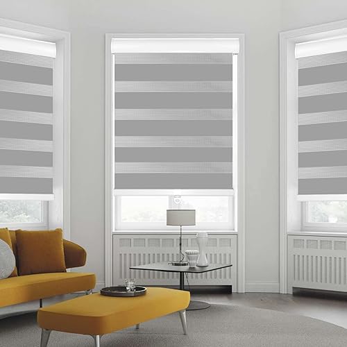 Persianas enrollables sin cordones de doble capa con diseño de cebra, color gris claro, traslúcidas para filtrar la luz, persianas enrollables de