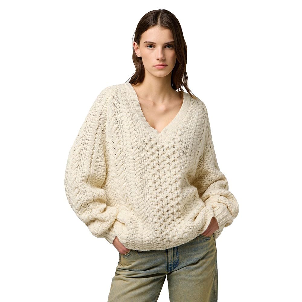 Wrangler Women's V Neck Cable Knit Sweater, Ivory, XS