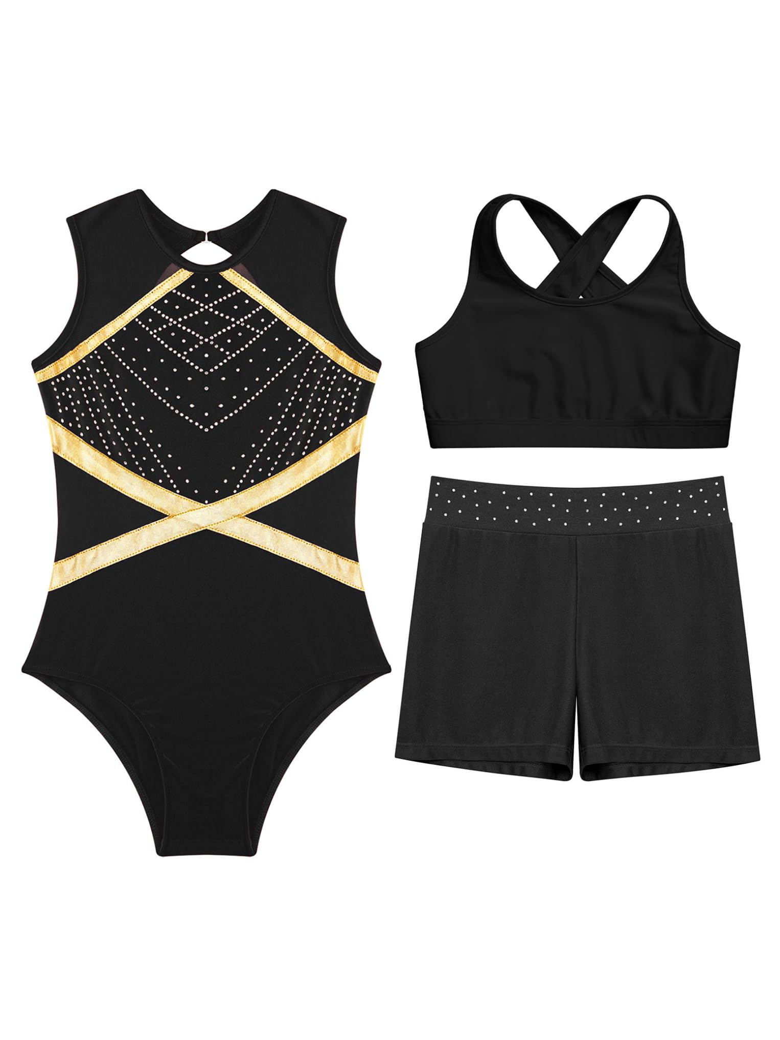 Oyolan Justaucorps Gymnastique Fille 3 Pièces avec Short Débardeur Tenue Danse Patinage