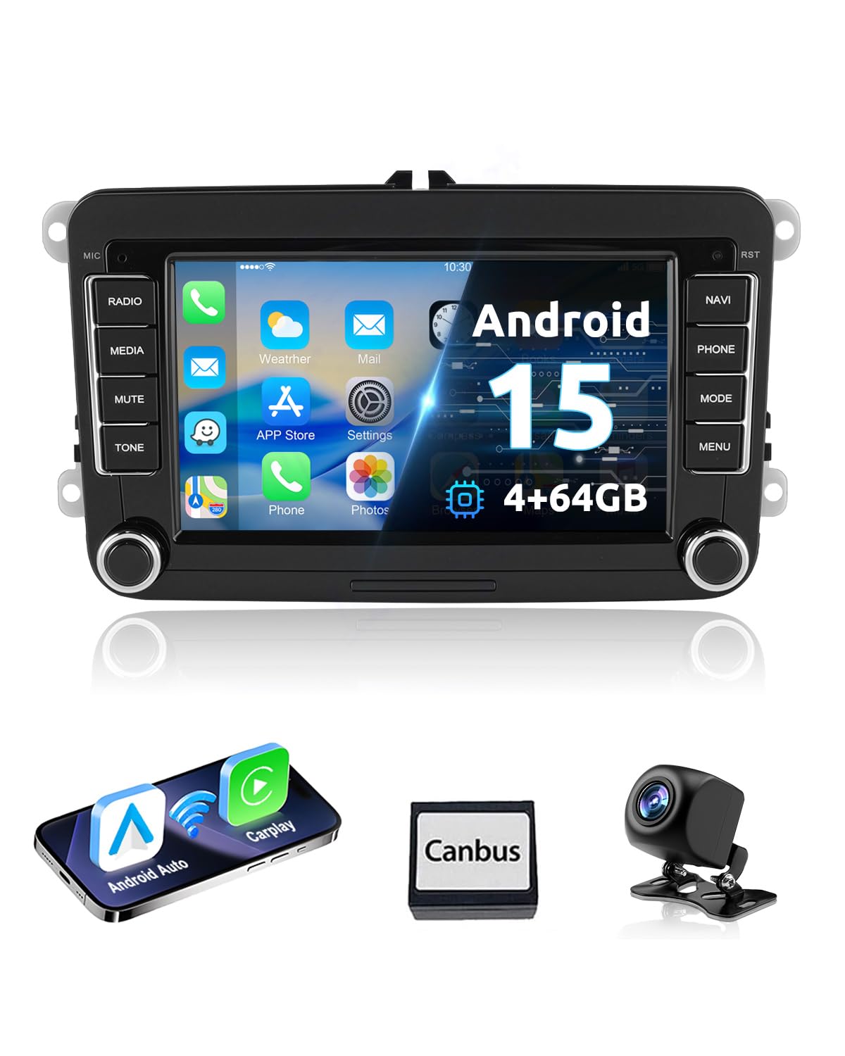 ESSGOO 4+64G Android 15 Wireless CarPlay Android Auto Autoradio Für VW Golf MK5 MK6 Polo Caddy Passat Seat RCD330 RCD360,Bluetooth Radio mit 7 Zoll Touch Screen FM RDS GPS Navi WiFi + AHD Kamera