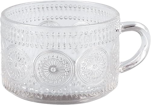 Tazas de café vintage en relieve de vidrio transparente de 14 onzas, tazas de té con asas, café con leche, capuchino, café expreso, bebidas