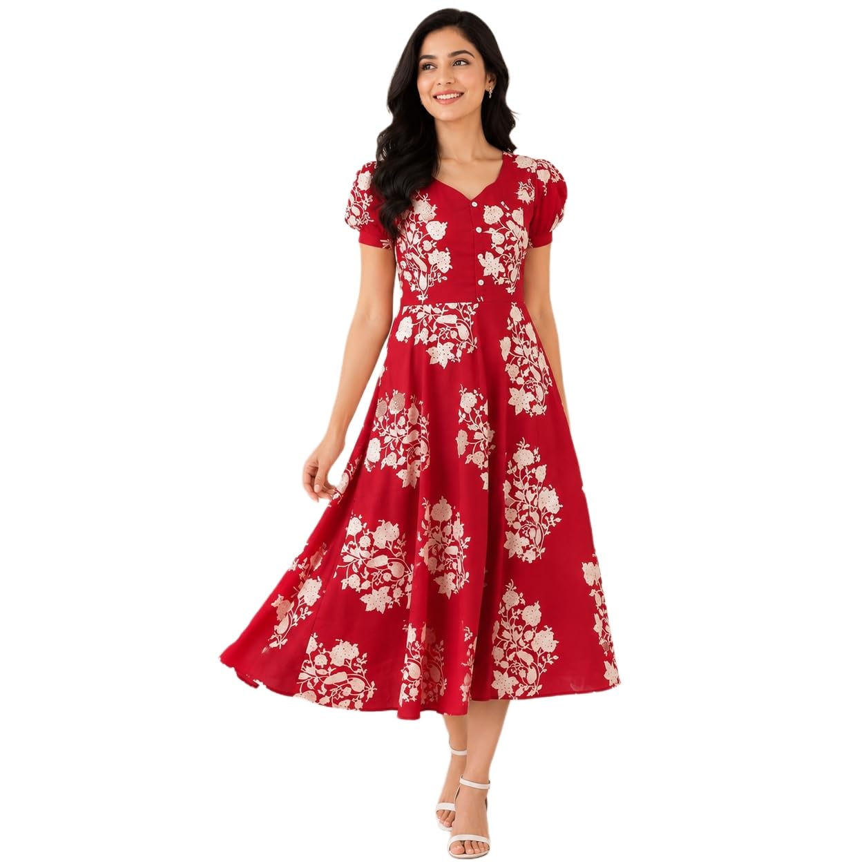 Women's Rayon Printed Flared One Piece Dress with Puff Sleeves – Lightweight Kurti – Red Midi Dress for Comfortable Daily Use Summer Outfit for Girls & Women-picture-37