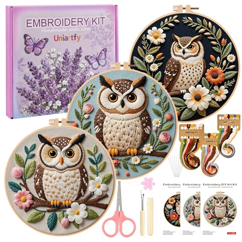 Image of Uniartfy 3 Sets Embroidery Kit for Beginners with Owl Flower Pattern, Hand Needlepoint Kits for Adults, Embroidery Starter Kits with Hoops, Step by Step Video & Instructions, DIY Cross Stitch Kit