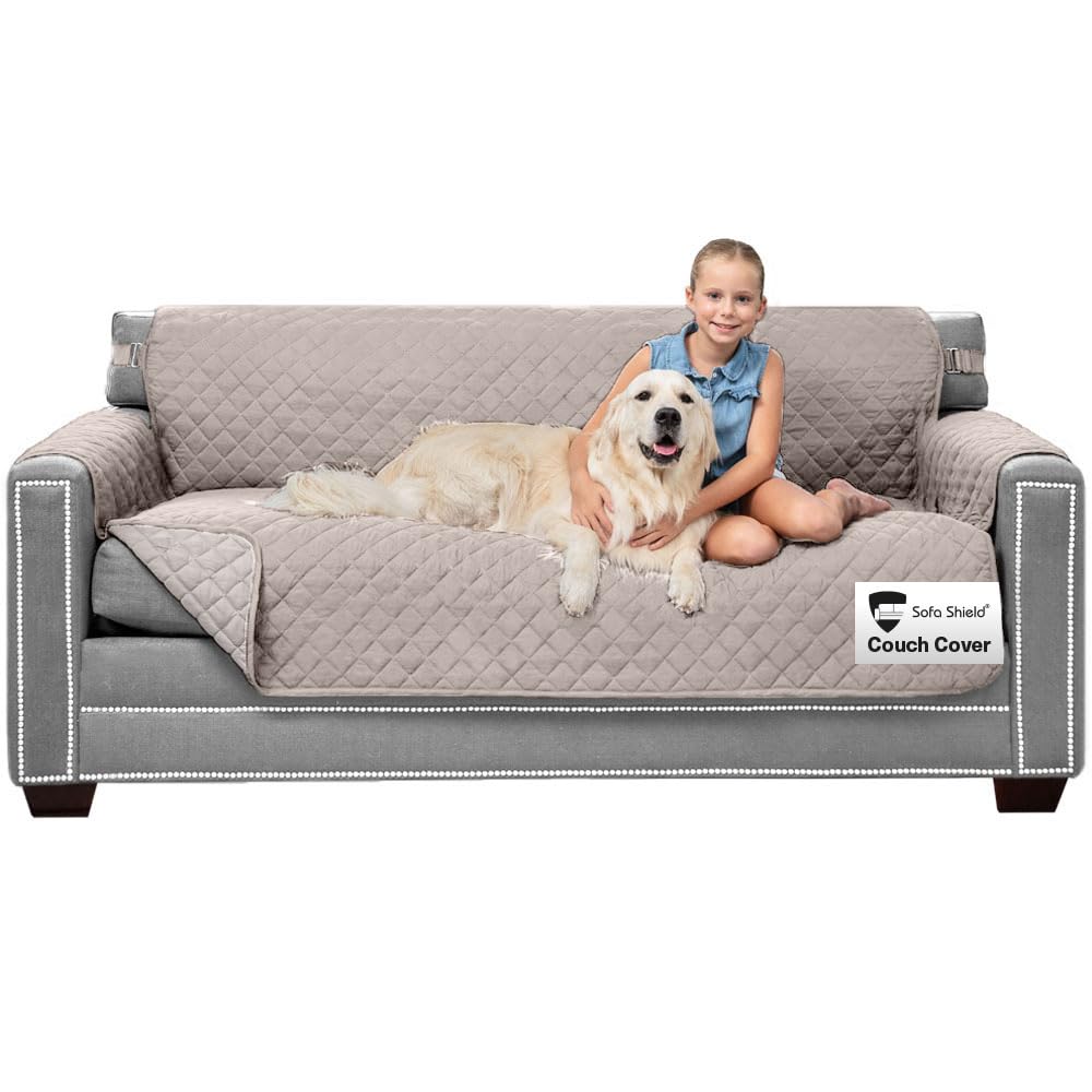 Sofa Shield Original Patent Pending Reversible Large Sofa Protector, Many Colors, Seat Width to 70 Inch, Furniture Slipcover 2 Inch Strap, Couch Slip Cover Throw for Pet Dog, Cats, Light Taupe