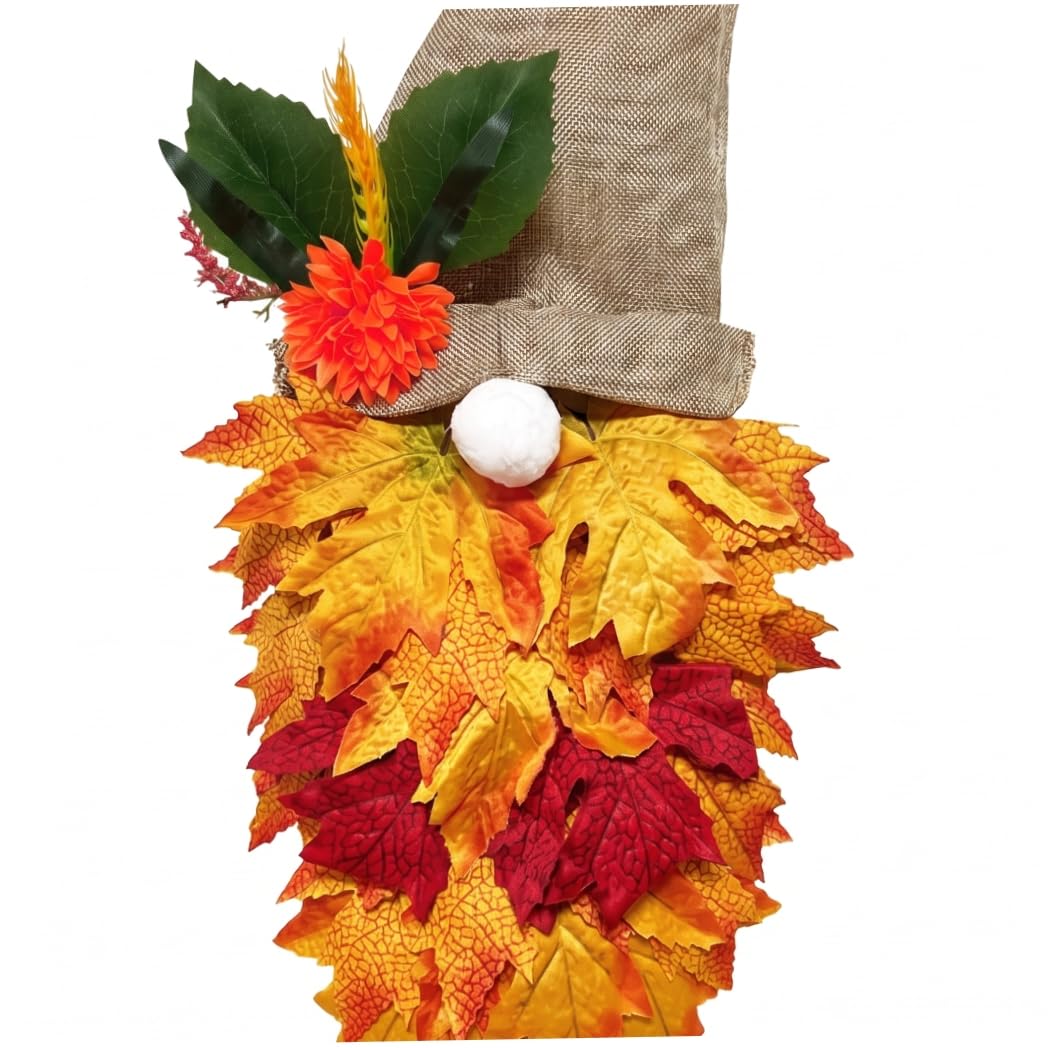 Fall Porch Decor - Gnome Autumnal Wreath For Front Door, Artificial Fall Decor With Harvest Elements For Thanksgiving & Halloween