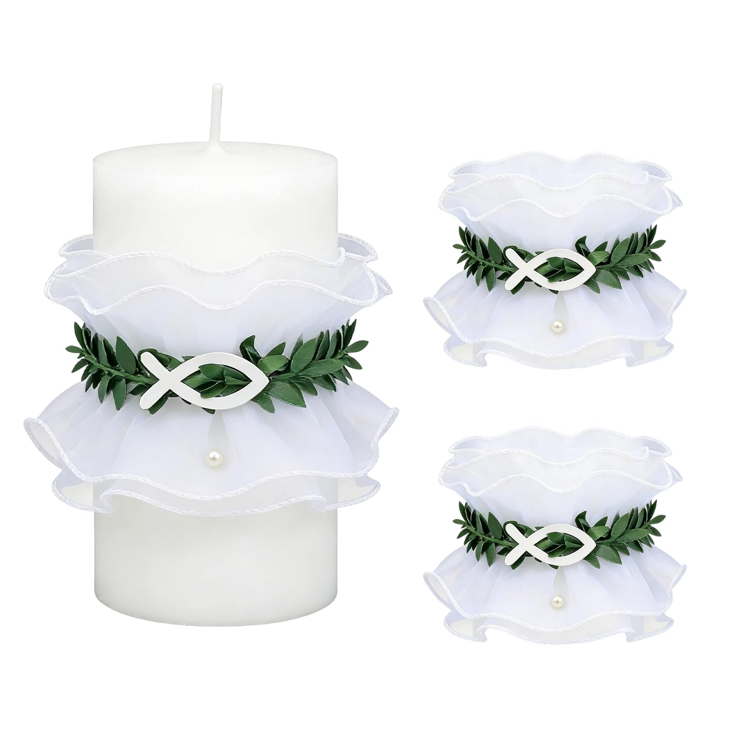 Kommunionkerze Tropfschutz,4-9cm Tropfenfänger Kerzentropfschutz,2 Stück Tropfschutz Taufkerze,Weiß Taufe Fisch Deko Kerzenrock,für Taufkerze Kommunionkerze Hochzeitkerze