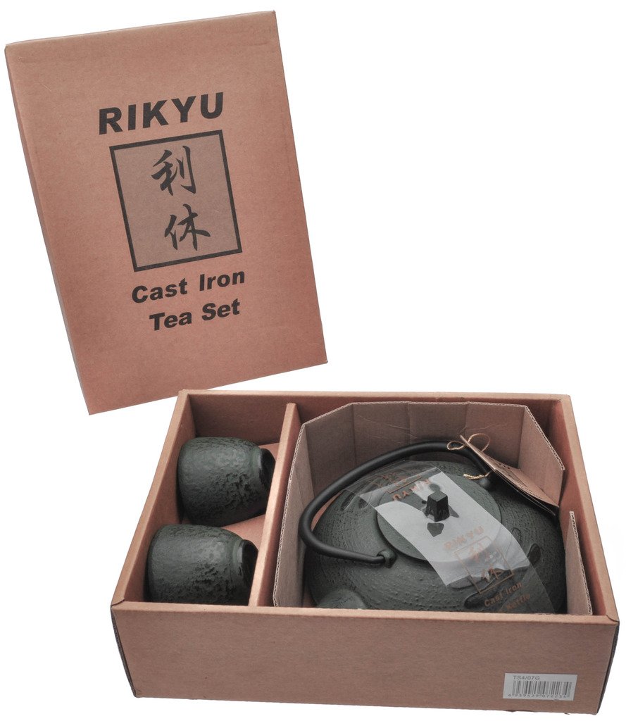 RIKYU RKTS407G Cast Iron Dragonfly Tea Set with Trivet, 18 Ounce, Dark Green