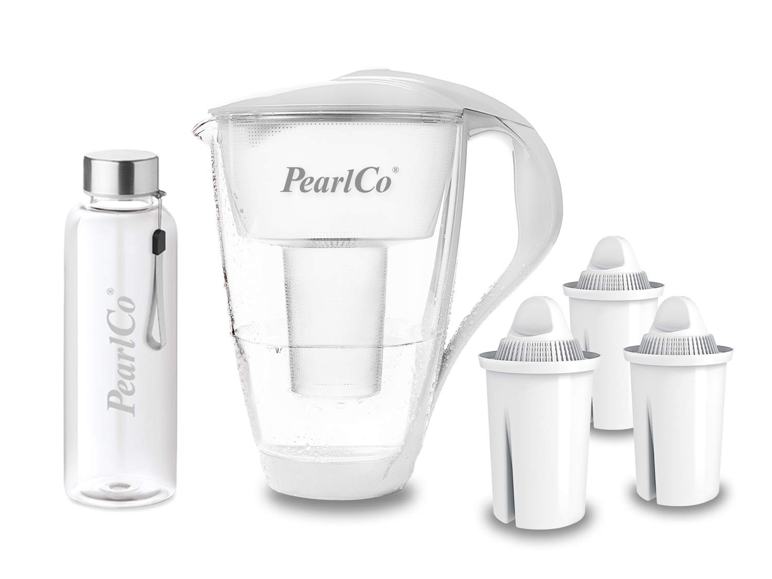 PearlCo - Szklany filtr do wody (biały) z 3 uniwersalnymi wkładami filtrującymi Classic + 1 butelka do picia ze szkła