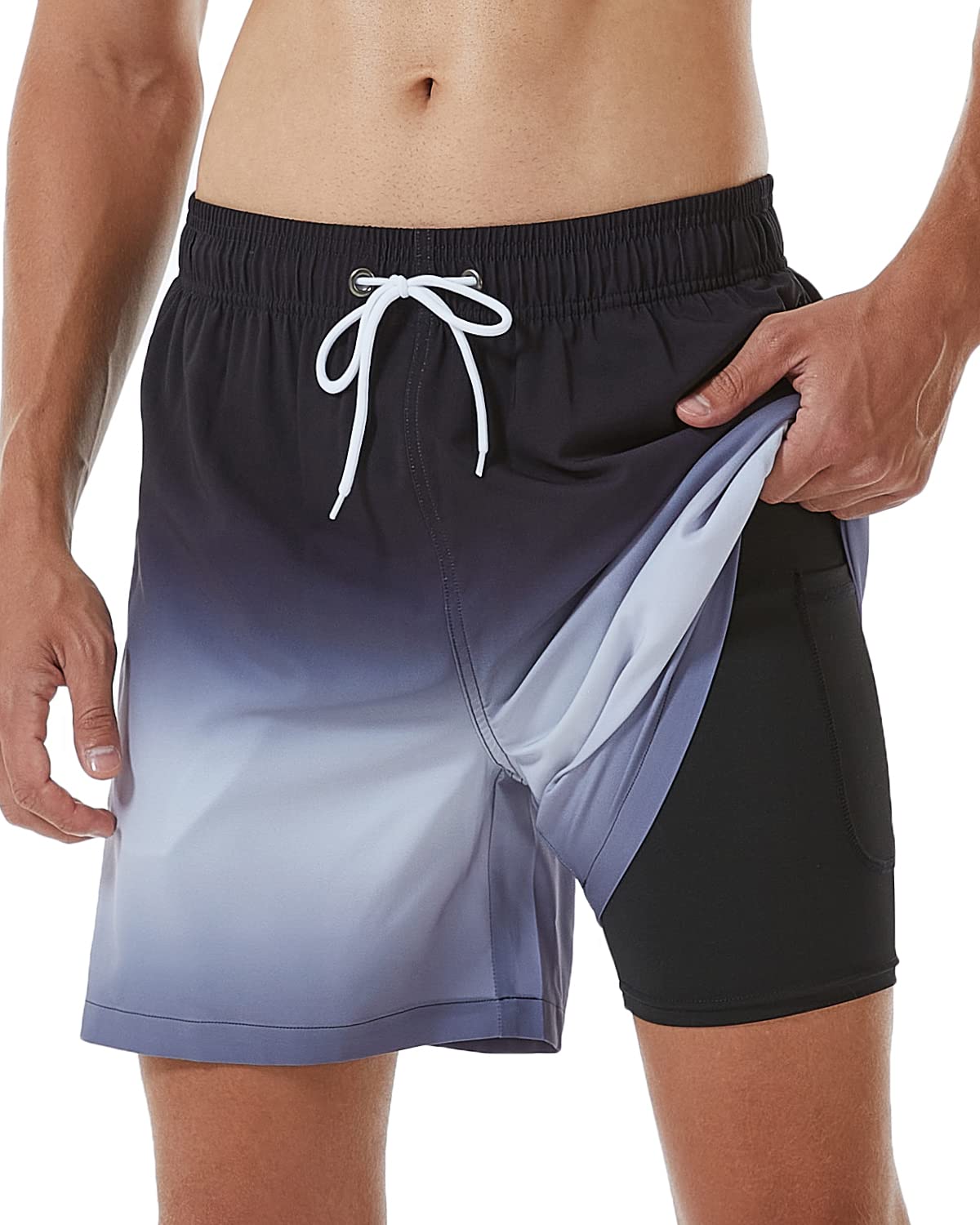 SILKWORLD Mens Swimming Trunks with Compression Liner and Zipper Pockets
